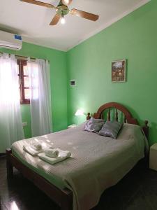 - une chambre verte avec un lit et un ventilateur de plafond dans l'établissement Dunas Doradas, à Tinogasta