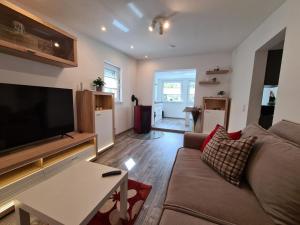 ein Wohnzimmer mit einem Sofa und einem Flachbild-TV in der Unterkunft Ferienhaus Muellrose am Wald in Müllrose