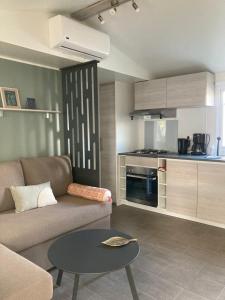ein Wohnzimmer mit einem Sofa und einem Tisch in der Unterkunft Mobile Home entre vignes et Rhône in Condrieu