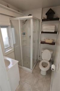 une salle de bains avec douche, toilettes et lavabo dans l'établissement Hobie's Landing - Blissful lake side cottage - On Lake Winona, à Ashland
