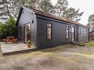 a black tiny house with a wooden deck at Chalet C in Dornoch