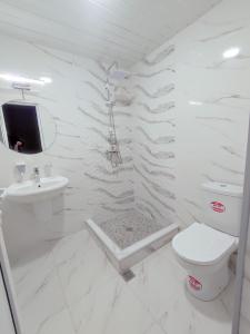 a white bathroom with a toilet and a sink at Cozy Apartment In Old Town Kutaisi in Kutaisi