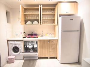 a kitchen with a refrigerator and a washing machine at Taksim Cihangir otel in Istanbul