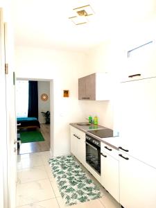 eine Küche mit weißen Schränken und einem Teppich auf dem Boden in der Unterkunft Family Apartment With kitchen Neunkirchen in Neunkirchen