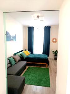 ノインキルヒェンにあるFamily Apartment With kitchen Neunkirchenのリビングルーム(ソファ、緑の敷物付)
