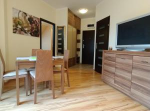 een eetkamer met een tafel en een flatscreen-tv bij Apartament Gardena II Olsztyn Jaroty in Olsztyn