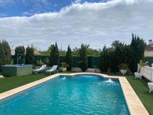 una piscina en un patio con sillas y un perro en Villa Española en Elche