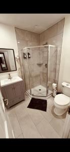 a bathroom with a shower and a toilet and a sink at Los Angeles Dream Cottage in Los Angeles