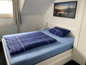 ヴィンターベルクにあるLandhaus-Postwieseのベッド1台(青い掛け布団、枕2つ付)