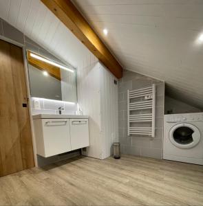 eine Waschküche mit einem Waschbecken und einer Waschmaschine in der Unterkunft Al_titude1138 in Les Contamines-Montjoie