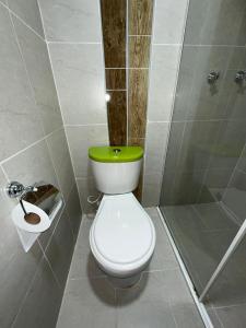 a bathroom with a toilet with a green seat at 33 HOTEL BOUTIQUE in Medellín