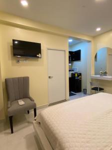 um quarto com uma cama, uma cadeira e uma televisão em Microsuite 2 en Guayaquil elegante y privada em Guayaquil