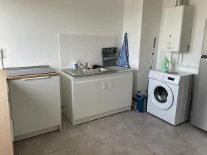 uma cozinha com um lavatório e uma máquina de lavar roupa em Appartement spacieux et cosy 20 min to Paris & JO 2024 em Sannois