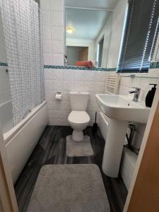 a bathroom with a toilet and a sink and a tub at Luxury Rooms just off broad St Walking distance to city centre in Birmingham