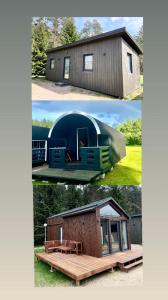 deux photos différentes d'une petite maison dans l'établissement Palūšės Kempingas (nameliai), à Palūšė