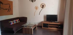ザンデにあるFerienwohnung am Deichのソファとテレビのあるリビングルーム