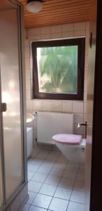 ザンデにあるFerienwohnung am Deichの洗面台、トイレ、窓のあるバスルーム