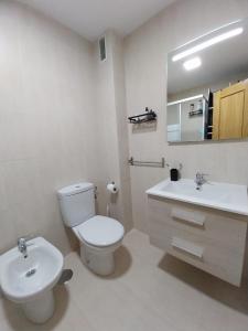 a bathroom with a toilet and a sink and a mirror at Apartamento en Unquera in Unquera