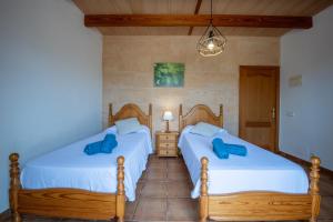 two beds in a room with blue pillows at Finca Girasols in Campos +34 photos