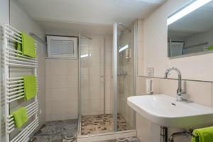 ein Bad mit einem Waschbecken und einer Dusche in der Unterkunft Anduns exklusive Scheune in Boppard