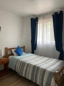 a bedroom with a bed with blue curtains and a window at Dulces Sueños in Chillán