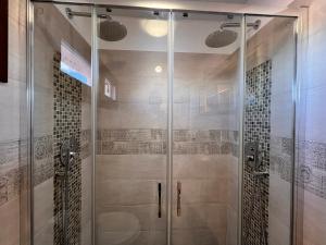 a walk in shower with glass doors in a bathroom at Villetta panoramica con giardino in Ossi