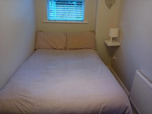 een klein bed in een kleine kamer met een raam bij Compact one bed apartment near University of Limerick in Gilloge Bridge