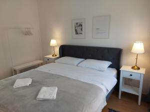 a bedroom with a large bed with two tables and two lamps at Kia Ora in Bihać
