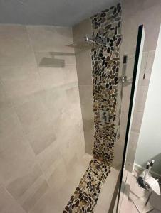 une salle de bain avec une douche avec une porte vitrée dans l'établissement Berta's Lake Front Cottage on Winona Lake!, à Ashland 15 autres photos