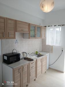 a kitchen with wooden cabinets and a sink and a microwave at Rose Apartments Mesonghi in Moraitika