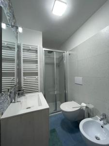 ein Bad mit einer Dusche, einem Waschbecken und einem WC in der Unterkunft Alloggio dei Volsci in Nettuno