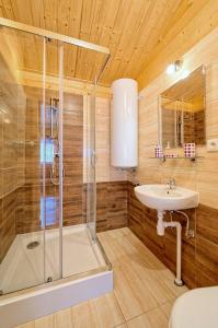 a bathroom with a shower and a sink at RODOS Rowy Domki nad morzem in Rowy
