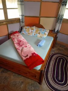 Lushoto的住宿－Irente Kinyonga Cottage，一张小床,上面有红色枕头