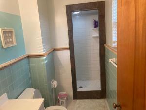 uma casa de banho com um chuveiro, um WC e um lavatório. em Heyward Long Term Hosts em Savannah