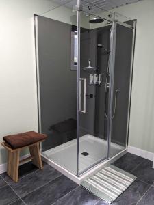 una doccia con porta in vetro in bagno di O Roy des Marees a Trois-Pistoles