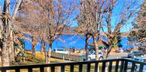 une vue sur une étendue d'eau avec des arbres et une clôture dans l'établissement Lagonita Lodge, à Big Bear Lake
