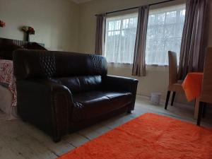 a black leather couch in a living room with a red rug at 5 On Cologne in Germiston