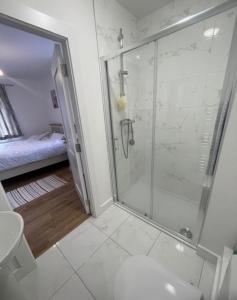 W łazience znajduje się prysznic, toaleta i umywalka. w obiekcie GRAB HOUSE Swords w mieście Swords