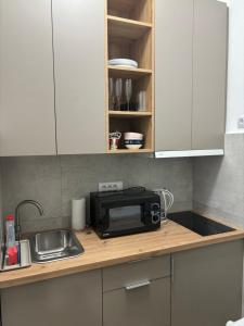a kitchen counter with a microwave and a sink at Downtown Parliament in Belgrade