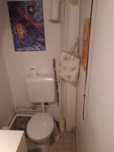a small bathroom with a toilet and a painting on the wall at Vue sur les toits de Paris, tour Effeil, centre malakoff, chambre chez l'habitant, sans ascenseur, à deux pas de Paris in Malakoff