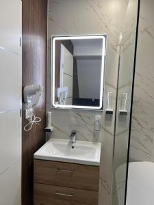 La salle de bains est pourvue d'un lavabo et d'un miroir. dans l'établissement Carpentiere Arena, à Răşinari