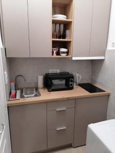 a small kitchen with a sink and a microwave at Downtown Parliament in Belgrade +12 photos