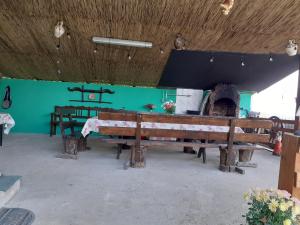 eine Gruppe von Bänken in einem Zimmer mit einer grünen Wand in der Unterkunft Cabana Vânătorului 