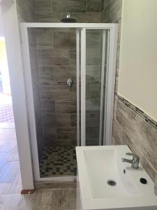a bathroom with a shower with a white sink at Grandview adventure and guesthouse in East London