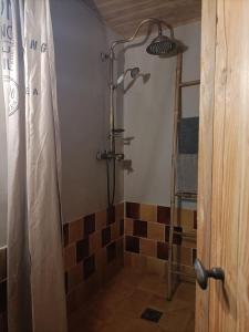 a shower in a bathroom with a shower curtain at À l'étape des randonneurs in Saignon