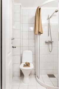 a white bathroom with a toilet and a shower at Charming studio apartment in Bergen