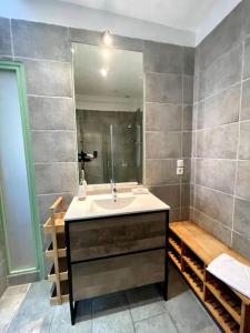 a bathroom with a sink and a mirror at Gite du Meunier, au bord du Cosson, 4 étoiles in Vineuil