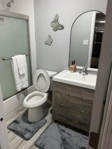 uma casa de banho com um WC, um lavatório e um espelho. em Chic Rancher 7BR Compound Near Graceland & Airport em Memphis