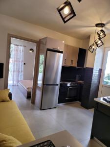 uma cozinha com um frigorífico de aço inoxidável num quarto em Stephie's apartment by the sea em Rafina