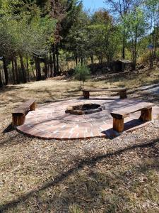 two benches and a fire pit in a park at RedStone Cabin in El Oro de Hidalgo